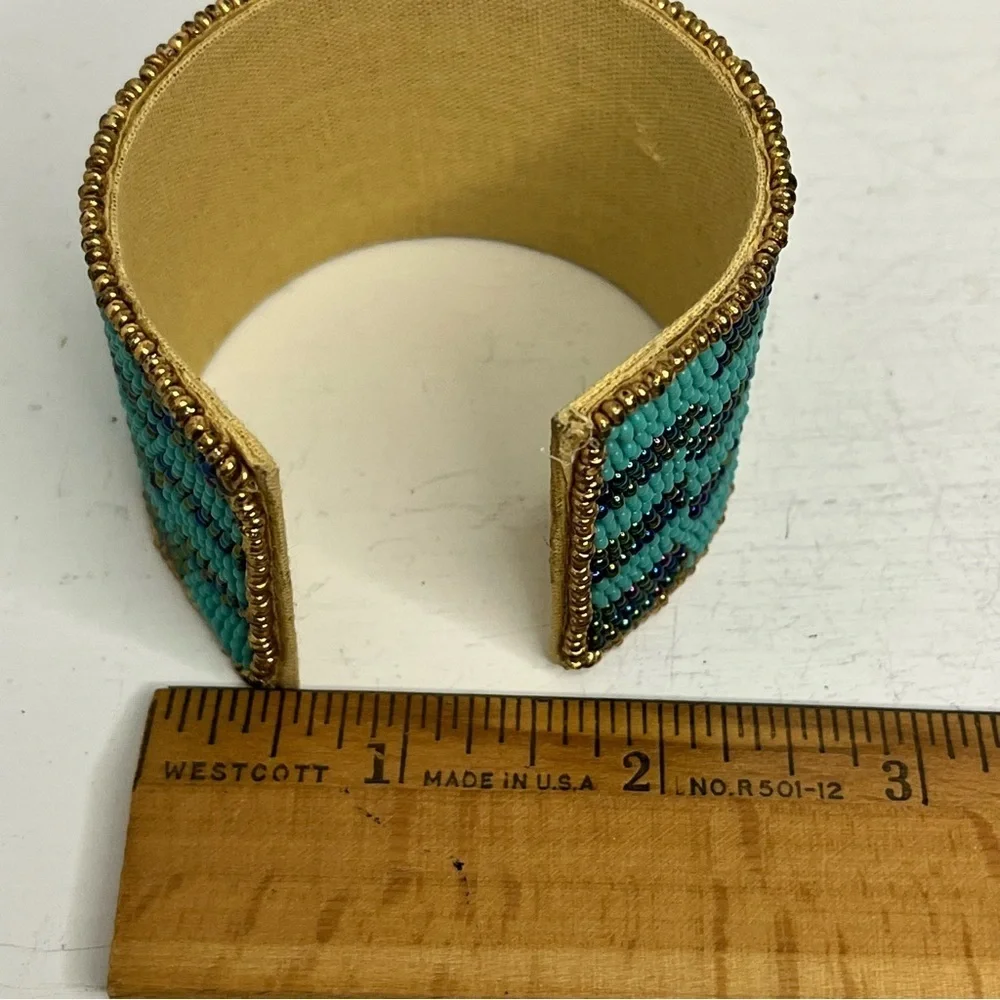 Turquoise and Gold Colored Beaded Evil Eye Cuff Bracelet